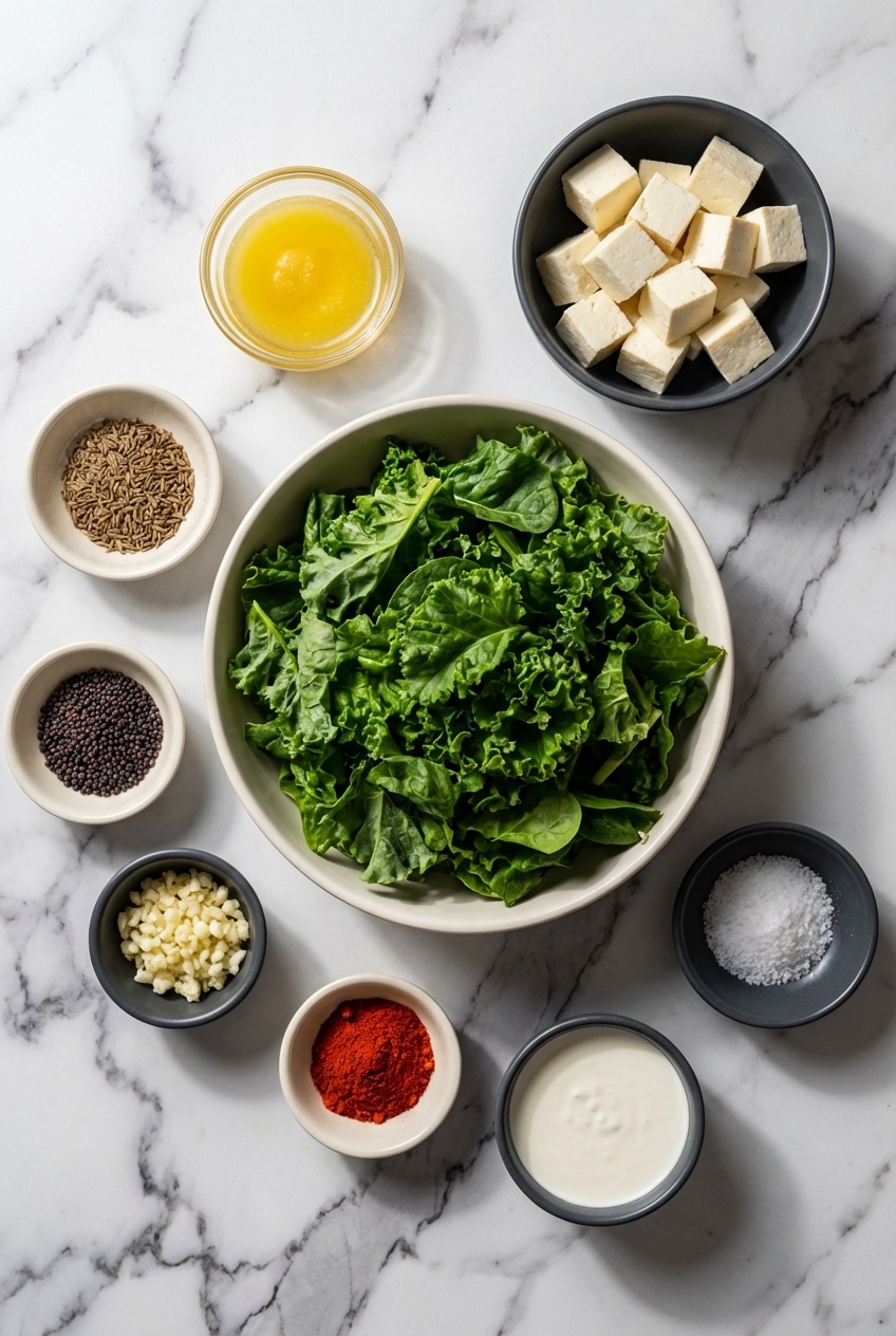Raw ingredients for palak paneer recipe including fresh spinach, cubed paneer, ghee, and kashmiri chili powder.