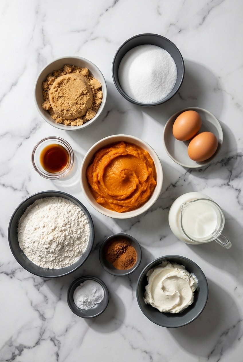 Ingredients for pumpkin cream cheese muffins including pumpkin puree, pepitas, and pumpkin pie spice.