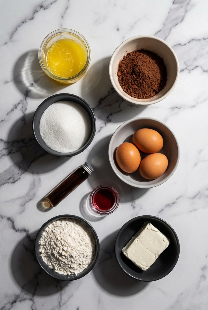 red velvet brownies recipe ingredients flat lay