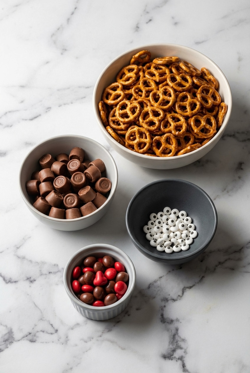 Flat lay of ingredients for rolo pretzel reindeer including Rolo candies, mini pretzel twists, and edible candy eyes.