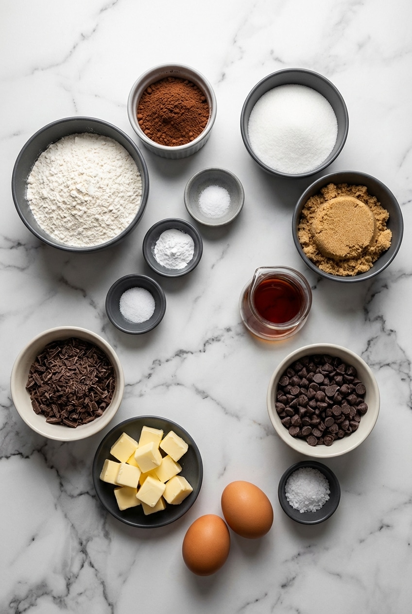 Flat lay of ingredients for salted brownie cookies featuring Dutch-process cocoa, semi-sweet chocolate, and Maldon sea salt.