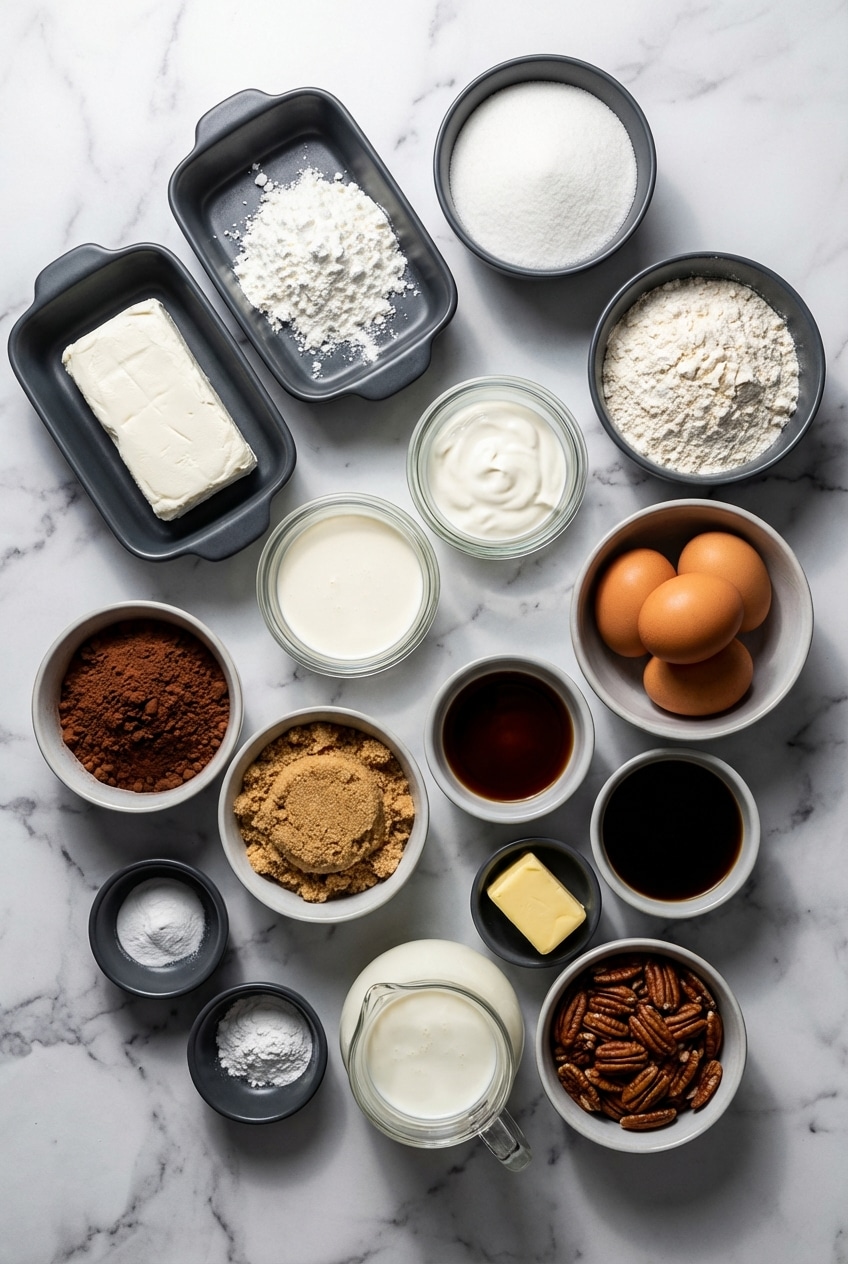 Ingredients for salted caramel chocolate cheesecake cake including cream cheese, cocoa powder, and salted caramel.