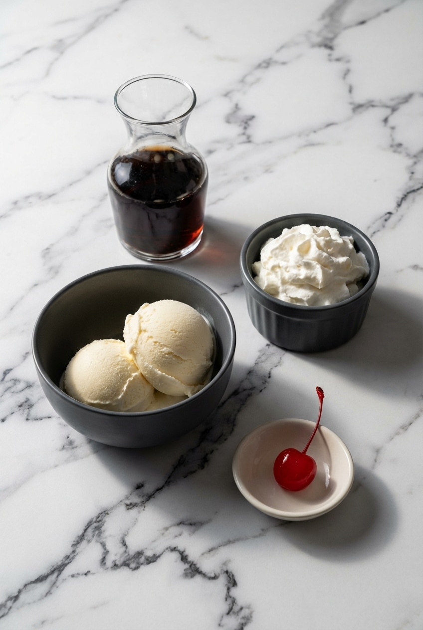 Flat lay of ingredients for coke floats including Coca-Cola, vanilla bean ice cream, and maraschino cherries.