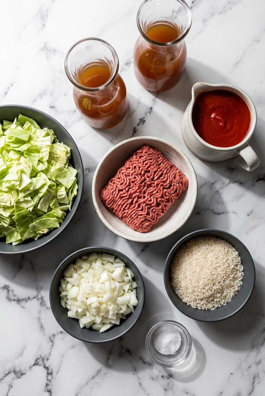 Flat lay of stuffed cabbage roll casserole ingredients featuring ground chuck, green cabbage, and tomato purée.