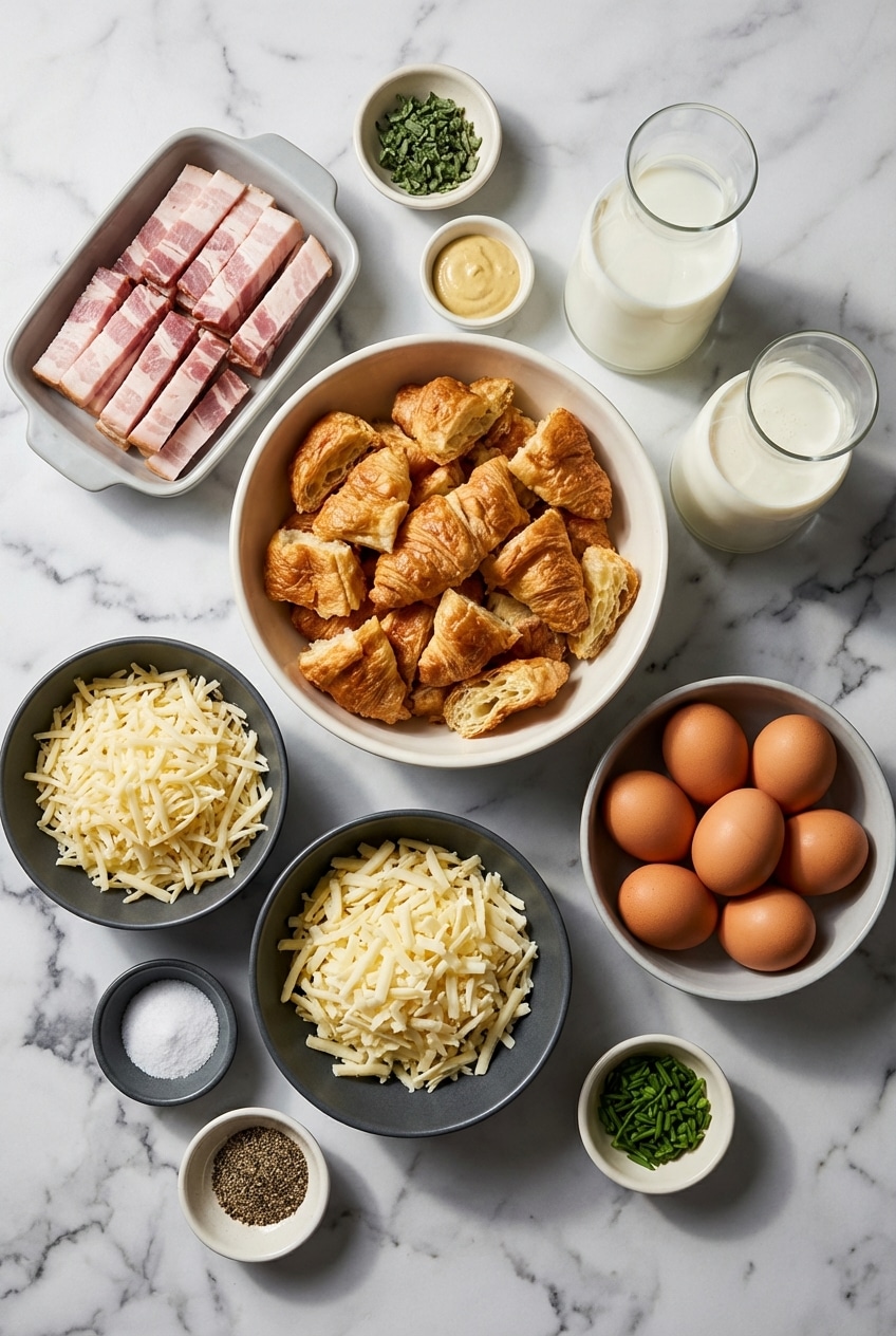 Flat lay of croissants, slab bacon, Gruyere cheese, and heavy cream for a savory croissant breakfast casserole.