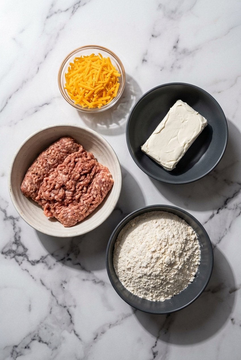 Overhead view of Bisquick, pork sausage, sharp cheddar, and cream cheese for making cream cheese sausage balls.