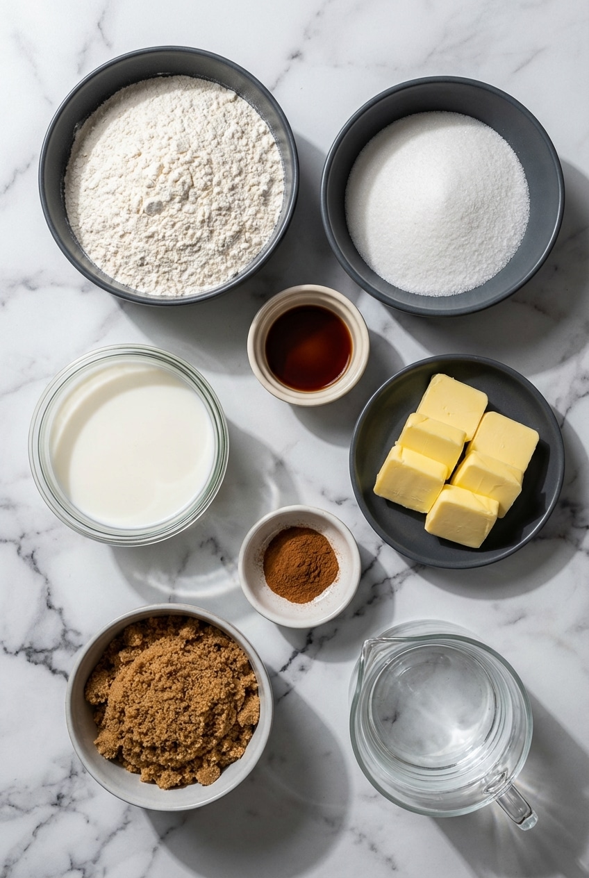 Flat lay of snickerdoodle cobbler ingredients including self-rising flour, brown sugar, and apple pie filling.