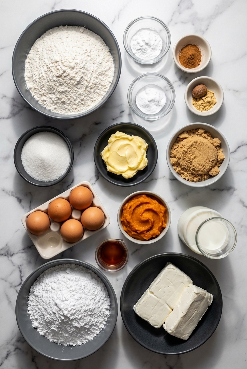 Libby's pumpkin puree, warming spices, and room temperature cream cheese for pumpkin cake with cinnamon cream cheese frosting.