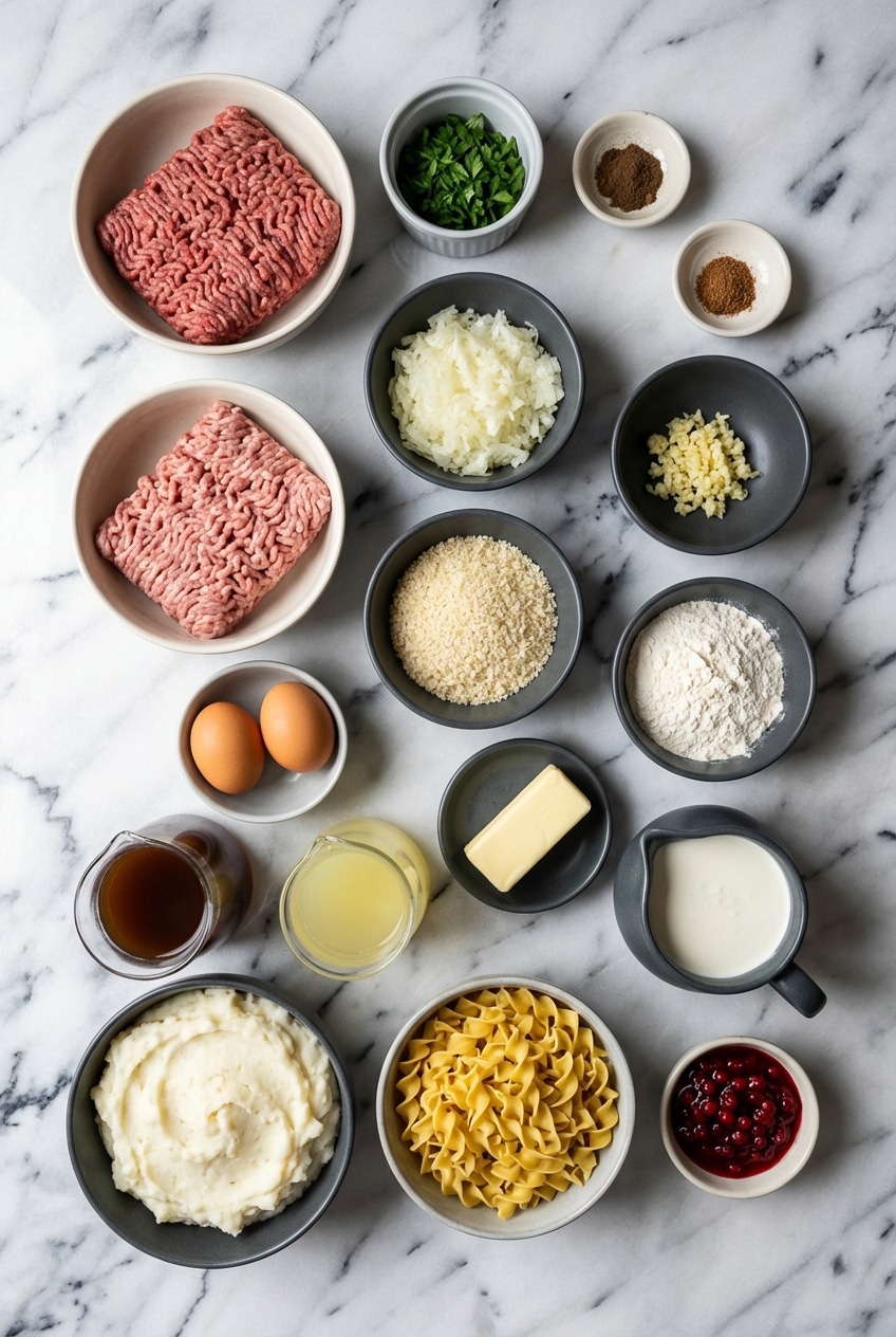 Raw ground beef, pork, panko, heavy cream, and warm spices for making swedish meatballs.