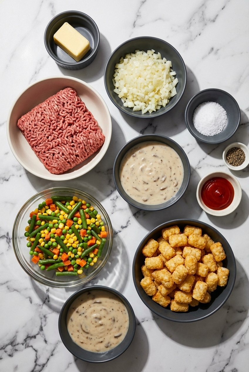 Flat lay of ingredients for tater tot casserole with ground beef including frozen vegetables and mushroom soup.