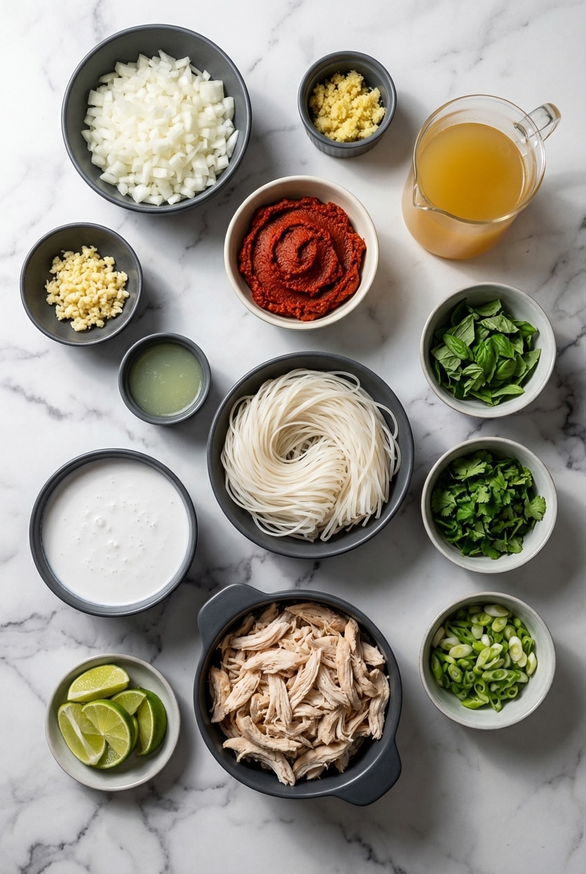 Overhead view of Thai chicken curry soup ingredients like red curry paste, coconut milk, lemongrass, and rice noodles.