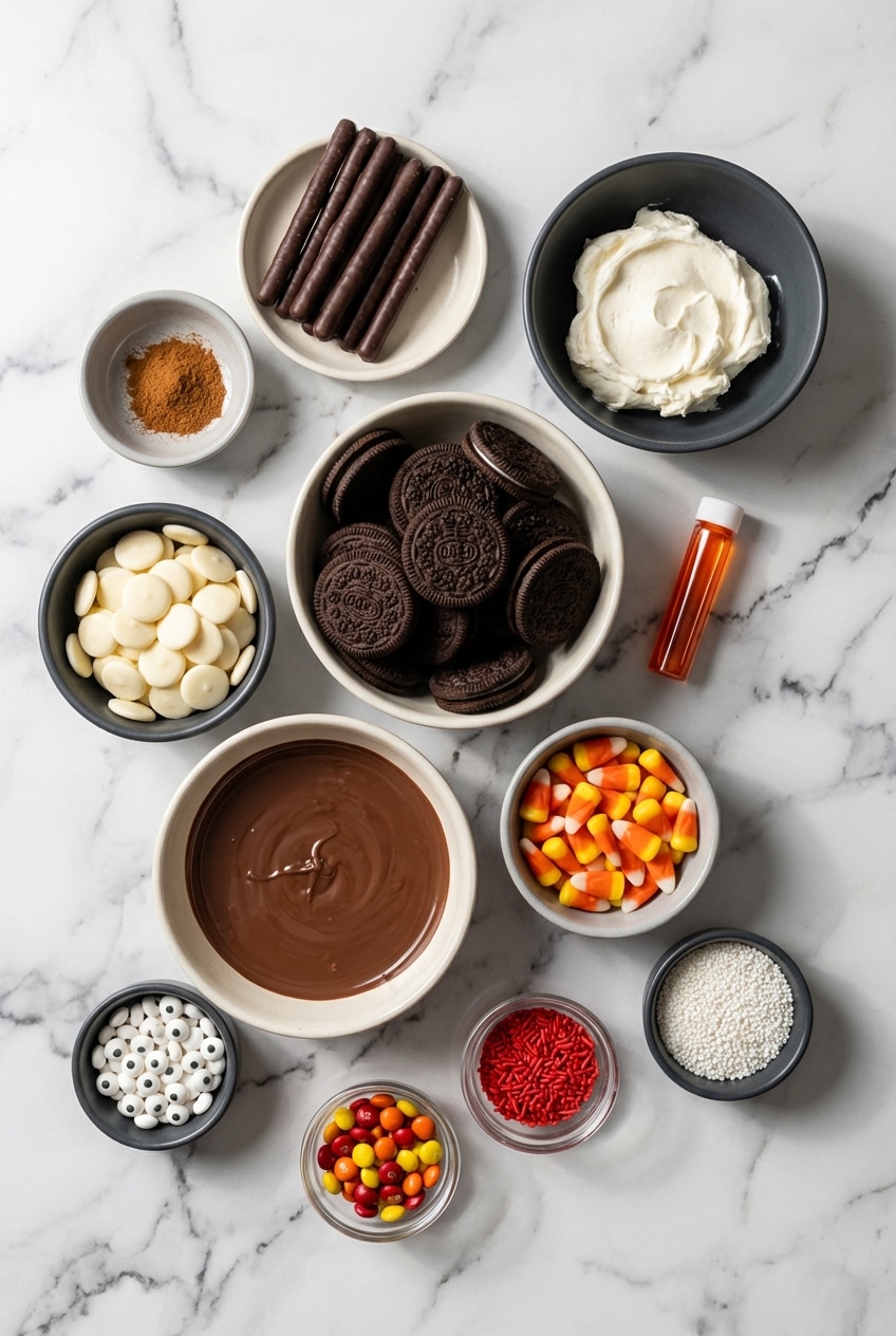 Ingredients for turkey oreo balls including Oreo truffles base, cream cheese, and candy corn on a flat surface.