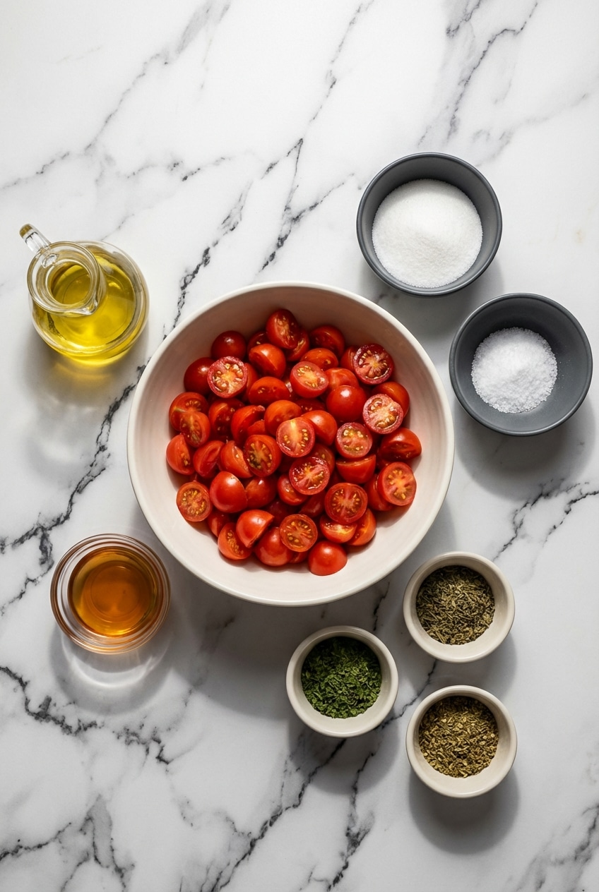 Raw heirloom tomatoes, extra virgin olive oil, and balsamic vinegar for making marinated cherry tomatoes.