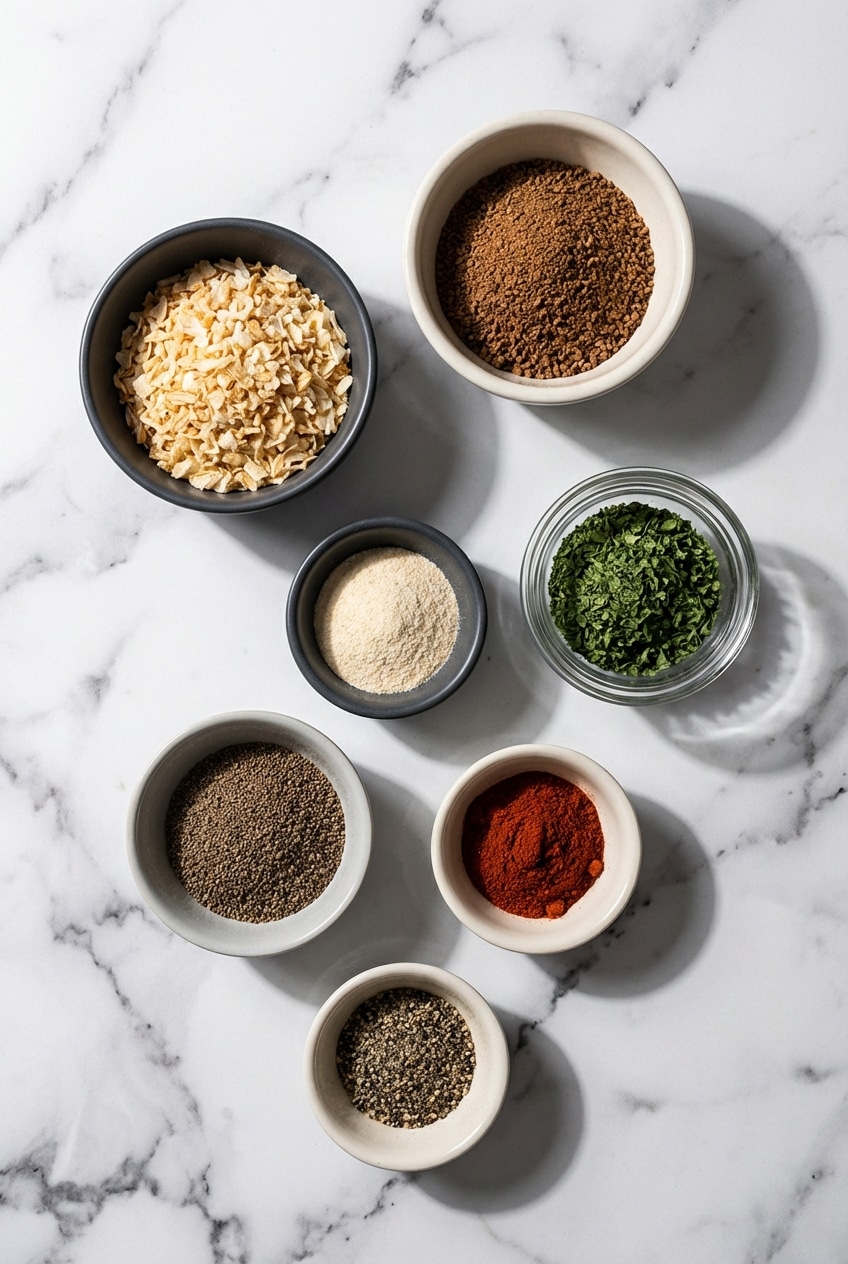 Flat lay of dehydrated onion flakes, beef bouillon granules, and celery seed for a DIY onion soup mix recipe.