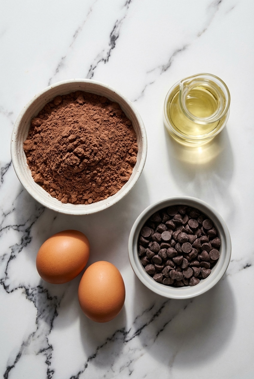 Overhead view of boxed cake mix, semi-sweet chocolate chips, and espresso powder for cake mix brownies.