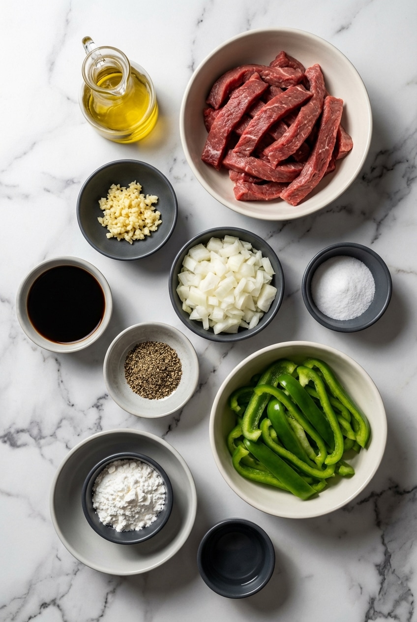 Raw flank steak, sliced bell peppers, soy sauce, and aromatics for a pepper steak recipe.