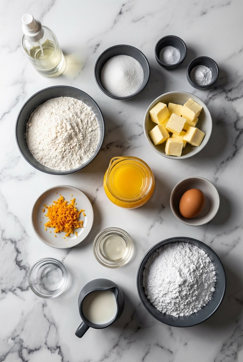 Overhead view of orange scones ingredients including macerated citrus sugar, a microplane zester, and baking powder leavening.