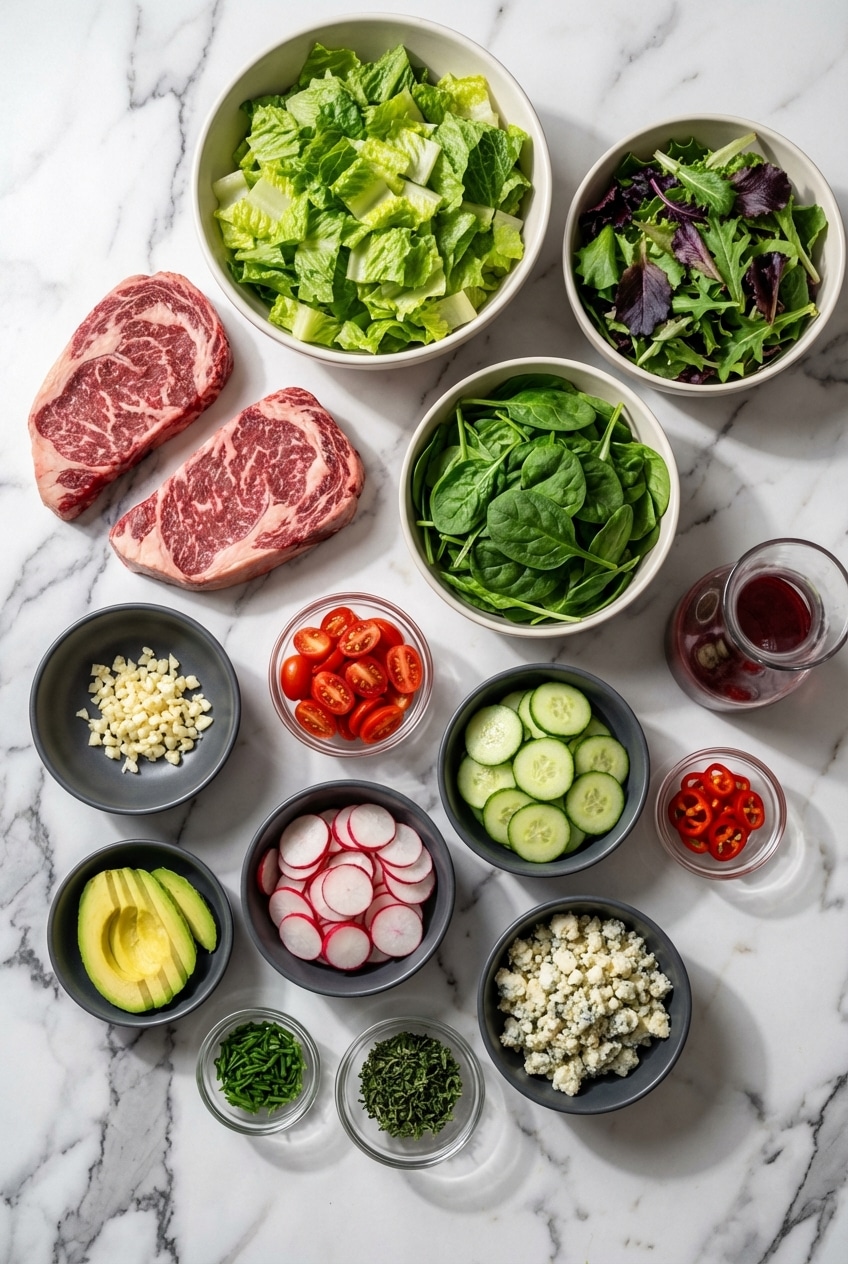 Raw flank steak, balsamic vinegar, arugula, and blue cheese crumbles for steak salad.