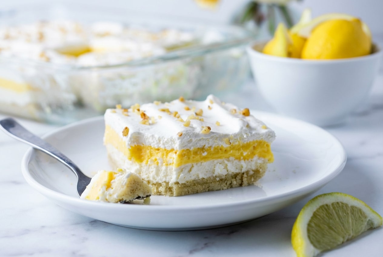 Layered keto lemon lush dessert featuring a toasted brown butter pecan shortbread crust and creamy lemon filling.