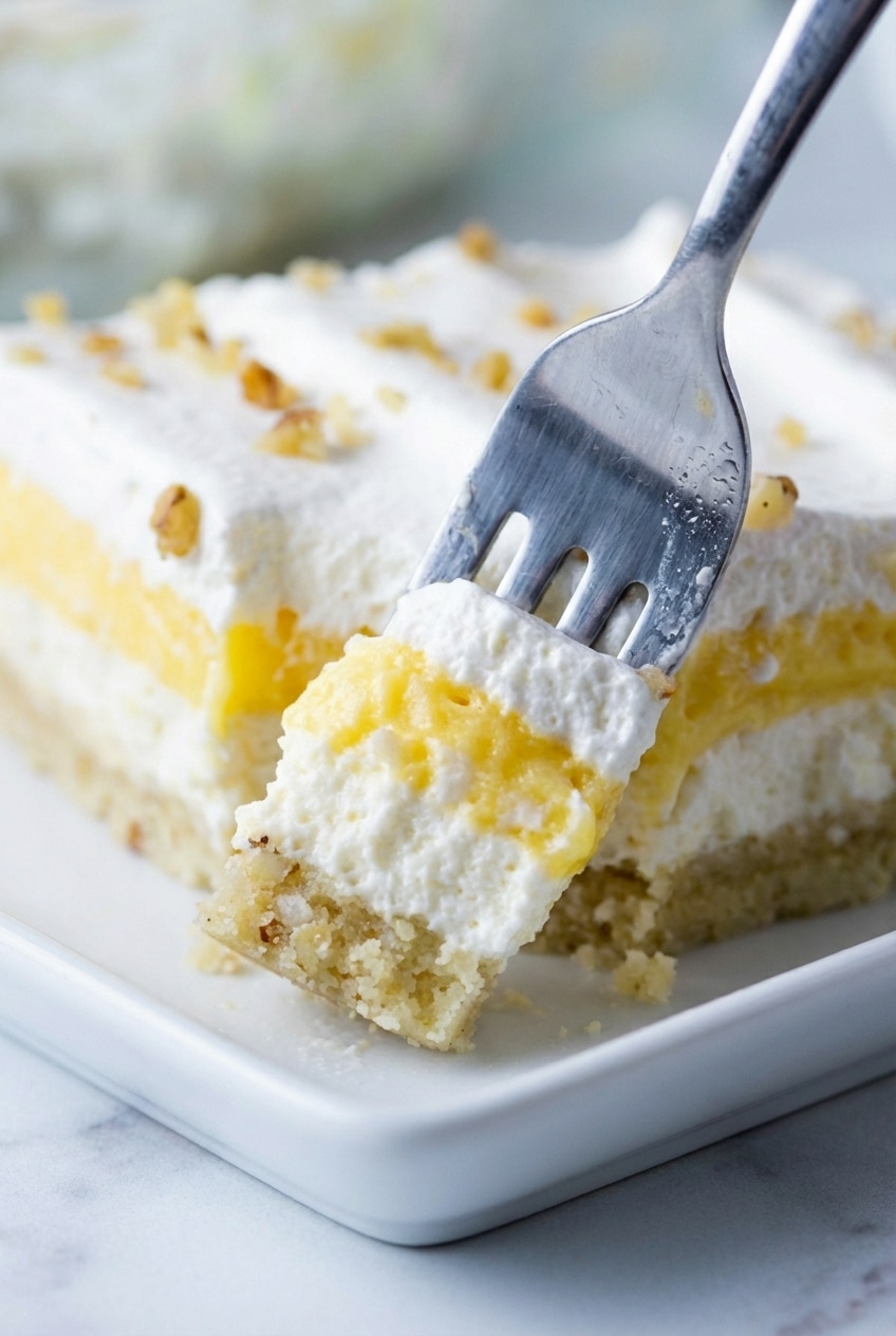 Perfectly sliced square of keto lemon lush dessert showing the distinct nutty crust and creamy lemon layers.
