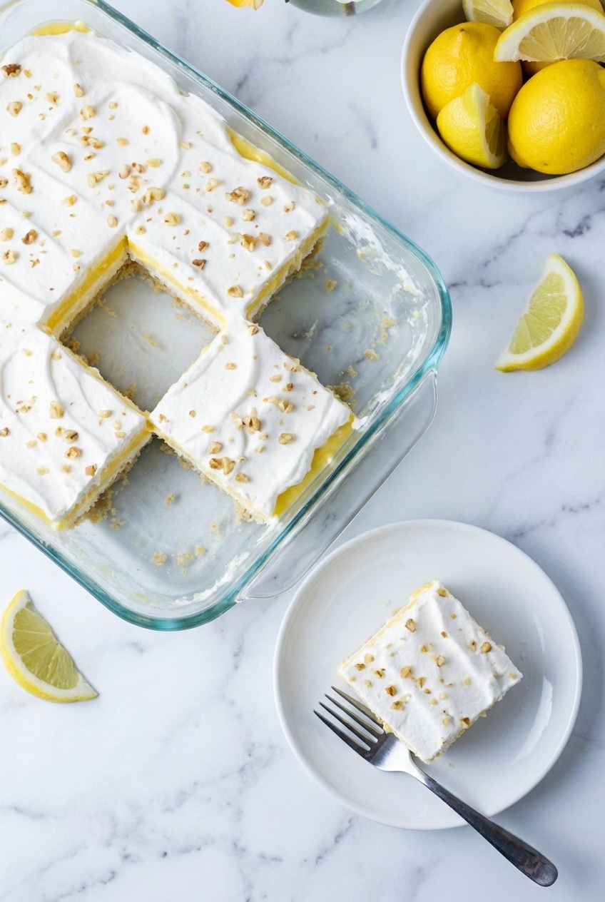 Finished keto lemon lush dessert being prepared for serving on a bright, clean kitchen counter.