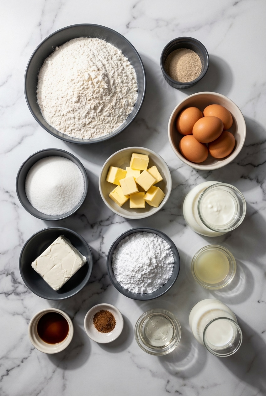Ingredients for king cake recipe including Bulgarian buttermilk, rapid rise yeast, and confectioners' sugar flat lay.
