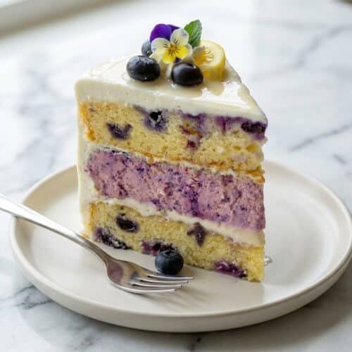 Lemon blueberry cheesecake cake featuring a bright lemon-buttermilk simple syrup soak for a moist, zesty finish.