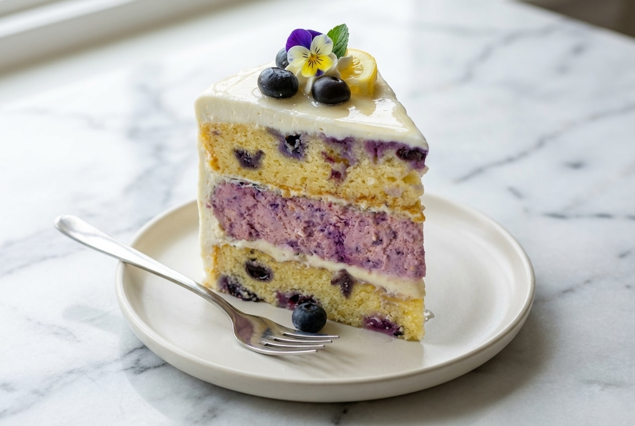 Lemon blueberry cheesecake cake featuring a bright lemon-buttermilk simple syrup soak for a moist, zesty finish.