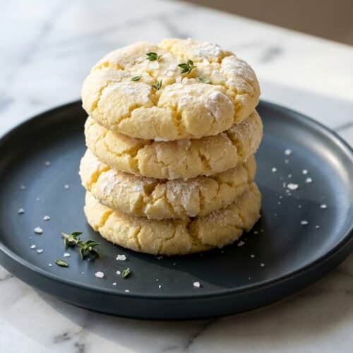Crinkly lemon cake mix cookies infused with herb-scented oil and topped with flaky sea salt and sugar.