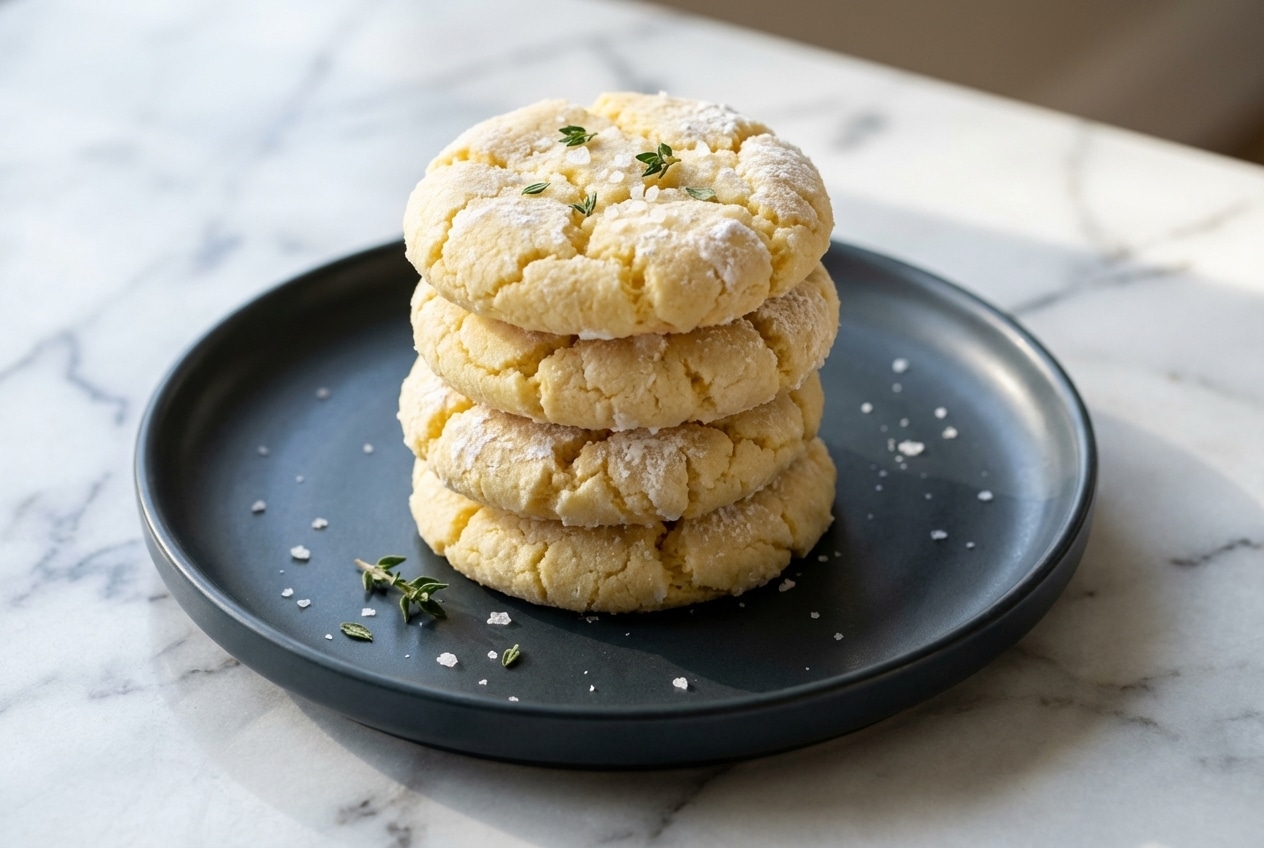 Crinkly lemon cake mix cookies infused with herb-scented oil and topped with flaky sea salt and sugar.
