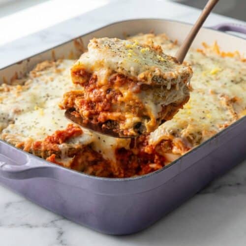 Crispy eggplant parmesan layered with melted mozzarella and a bright hint of lemon zest and warm nutmeg.