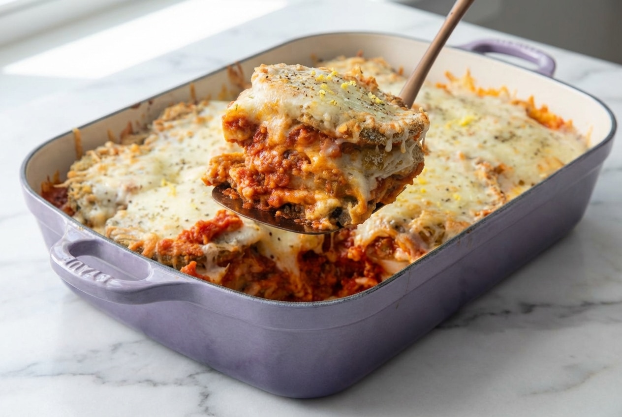 Crispy eggplant parmesan layered with melted mozzarella and a bright hint of lemon zest and warm nutmeg.