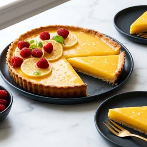 A whole lemon tart recipe featuring a golden brown butter crust and shimmering sea salt honey glaze.