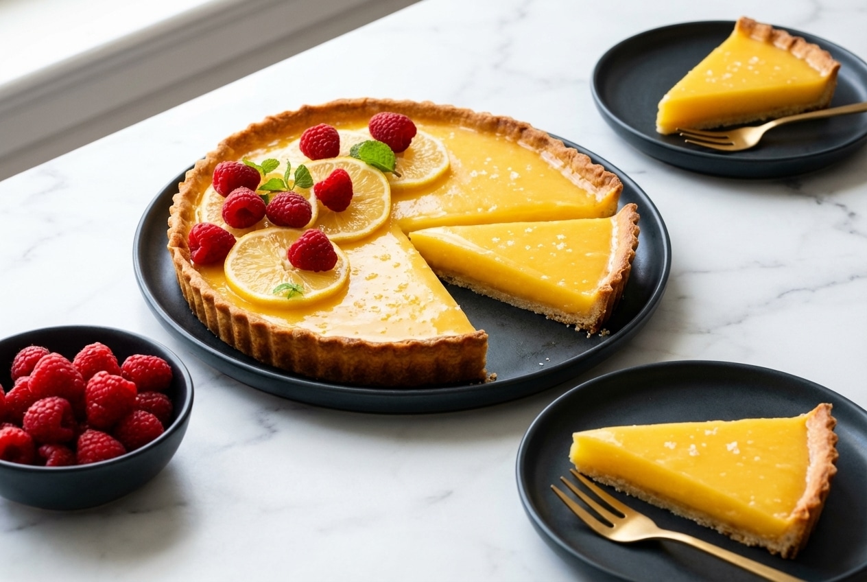 A whole lemon tart recipe featuring a golden brown butter crust and shimmering sea salt honey glaze.