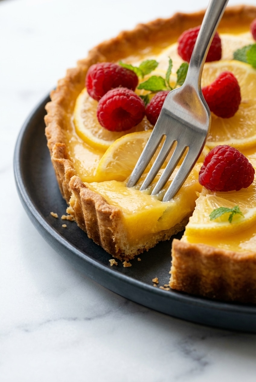 A close-up of a lemon tart recipe showing the smooth lemon curd filling inside a blind baked crust.