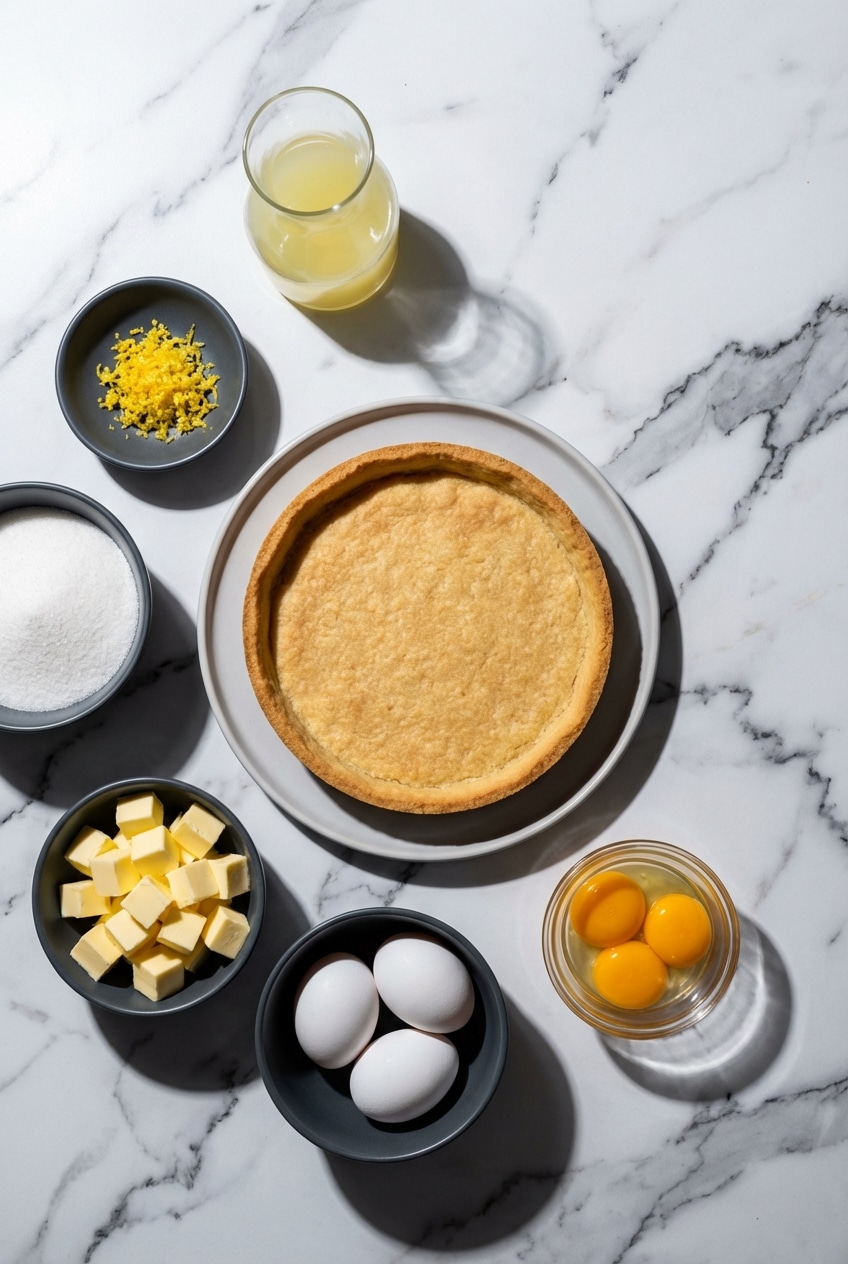 Flat lay of ingredients for a lemon tart recipe including fresh zest, egg yolks, and unsalted butter.