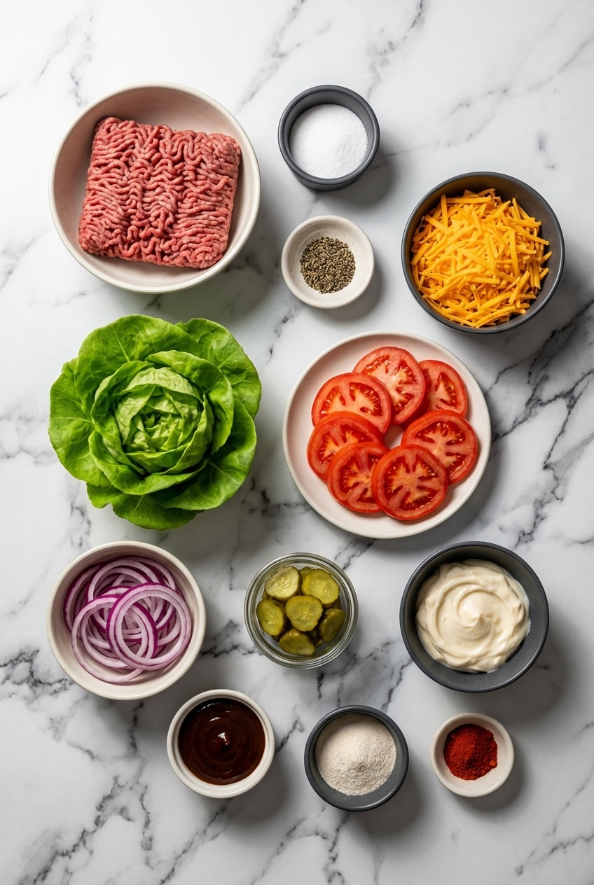 Flat lay of raw ground chuck, Boston Bibb lettuce, and seasonings for a homemade lettuce wrap burger.