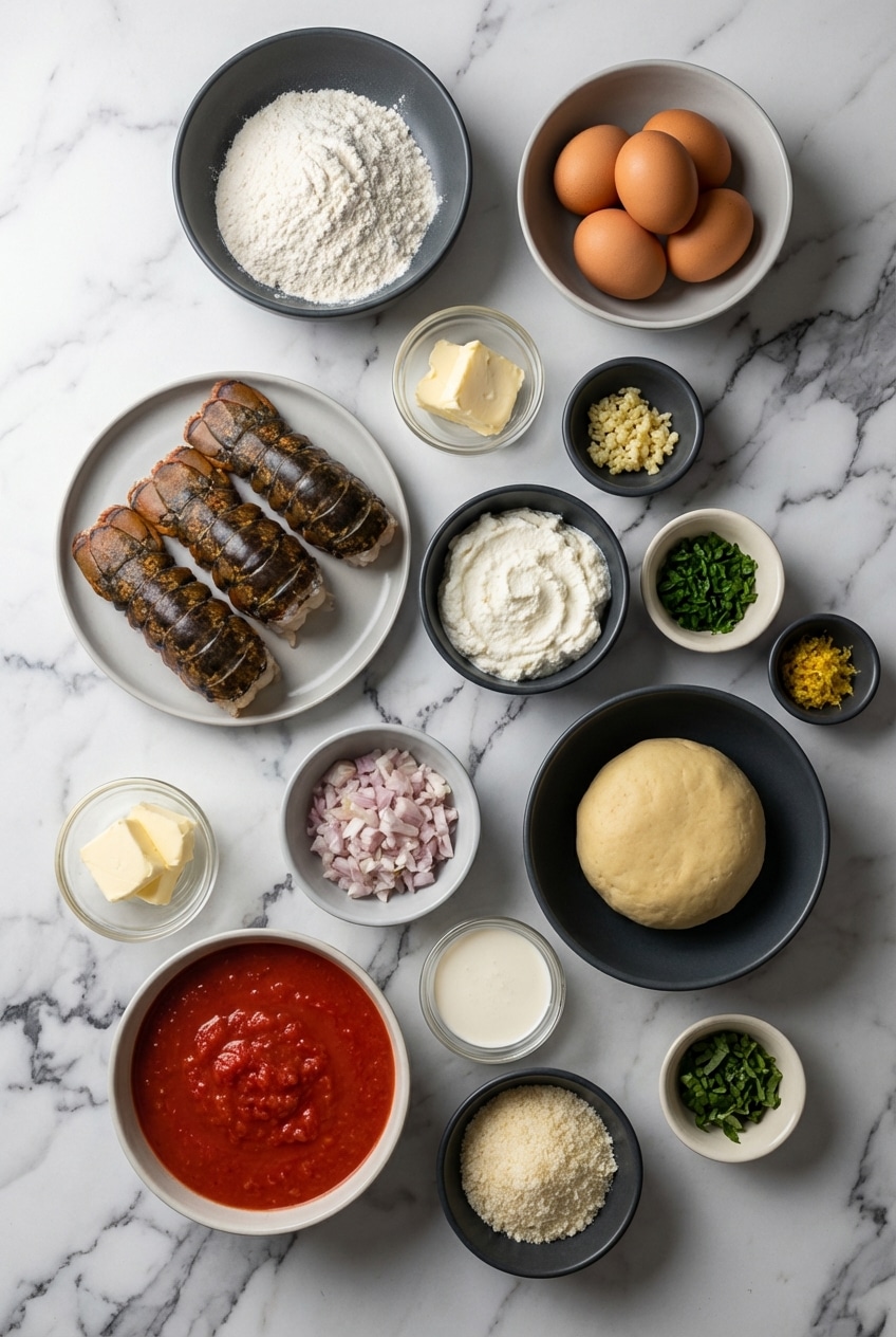 Ingredients for lobster ravioli recipe including lobster tails, 00 flour, durum wheat, and ricotta cheese.