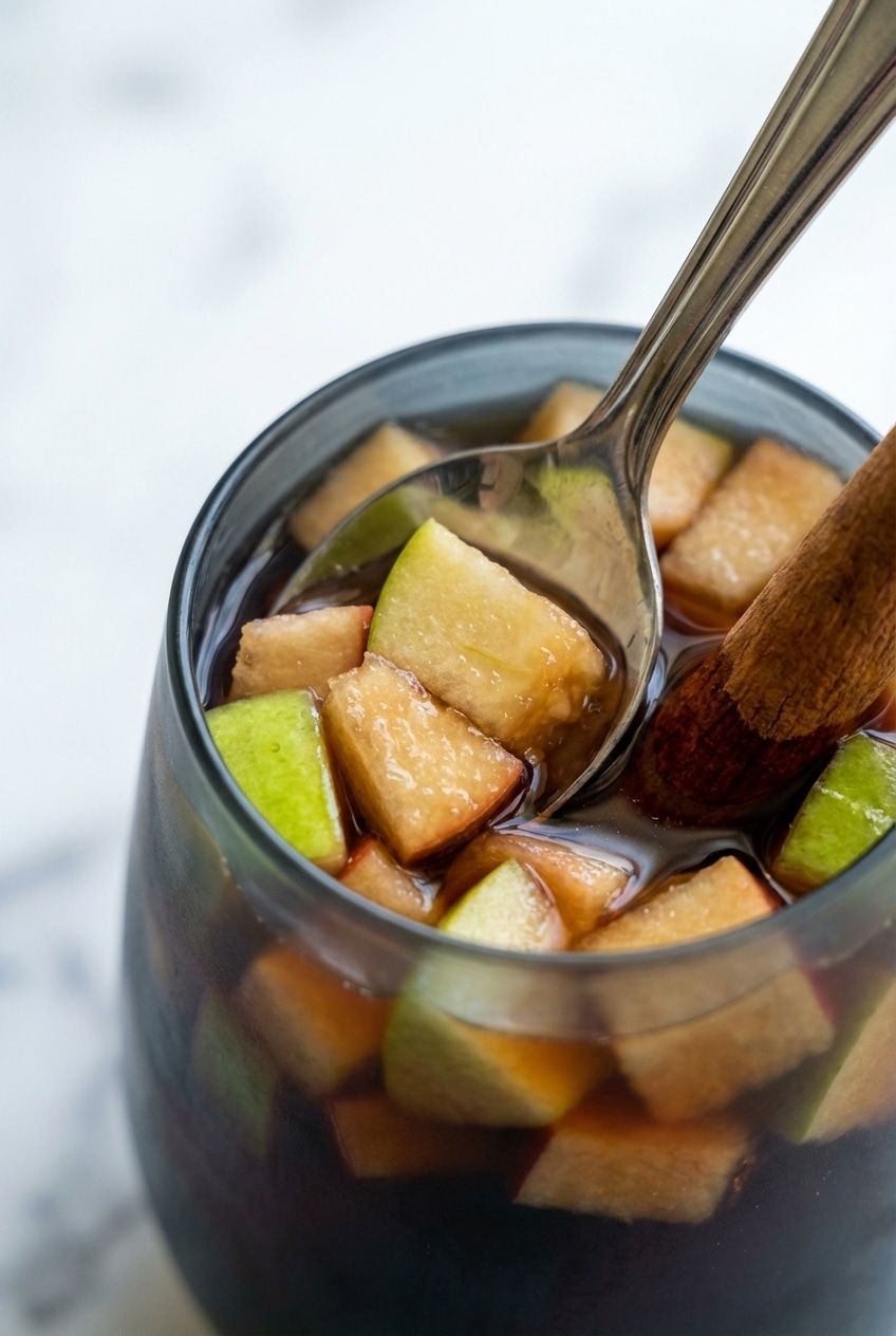 Close-up of macerated fruit in a pitcher for family friendly sangria during the steeping process.