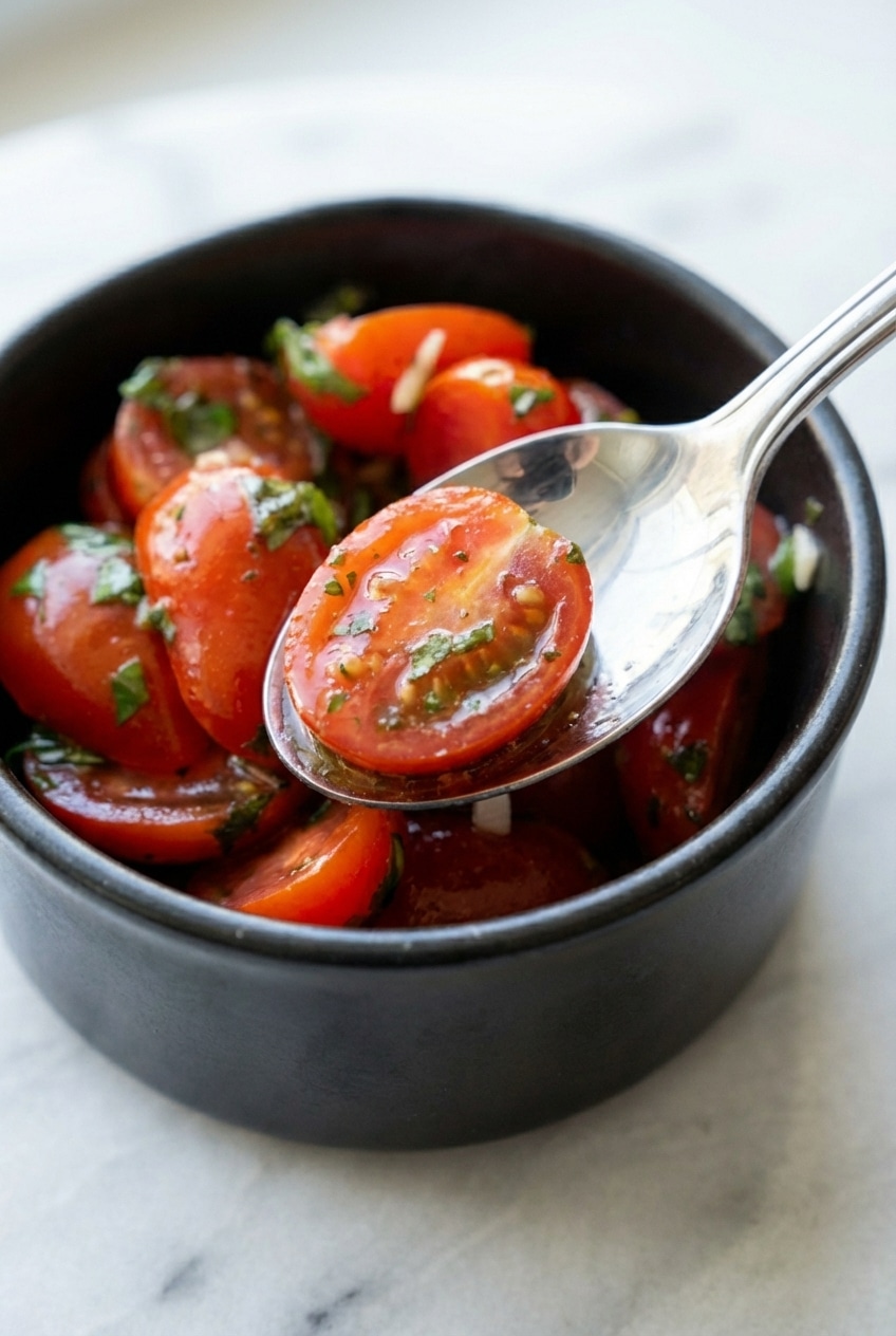 A close-up of marinated cherry tomatoes showing the glossy emulsification of oil and fresh herbs.
