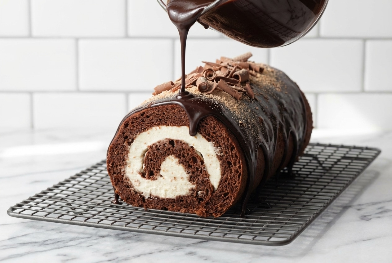 Chocolate swiss roll with a malted milk cream filling and rich ganache glaze on a serving plate.