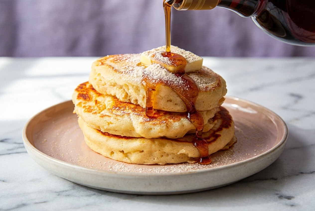 A tall stack of fluffy pancakes with malted milk powder drizzled with maple syrup and topped with butter.