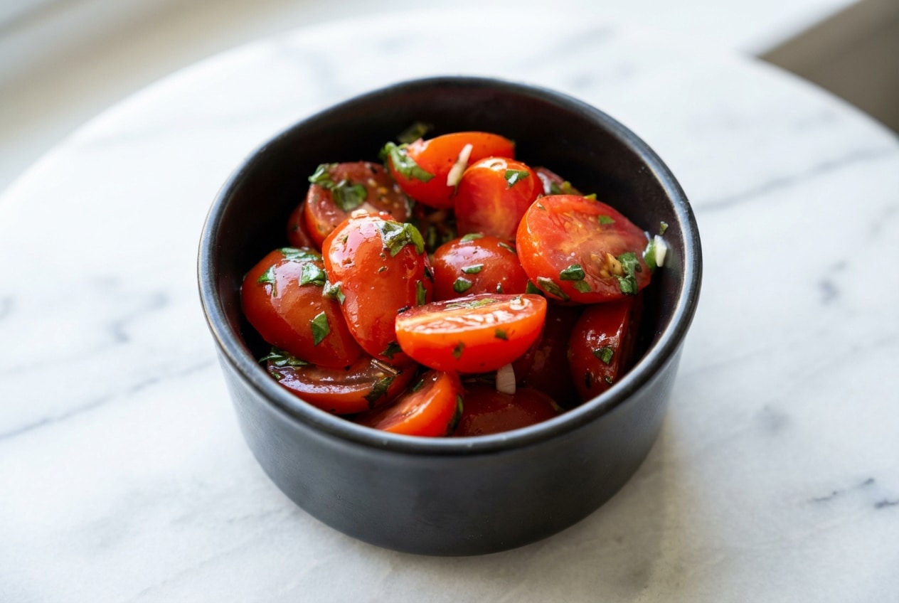 Marinated cherry tomatoes pricked whole for deep infusion with a savory umami-rich dressing in a bowl.