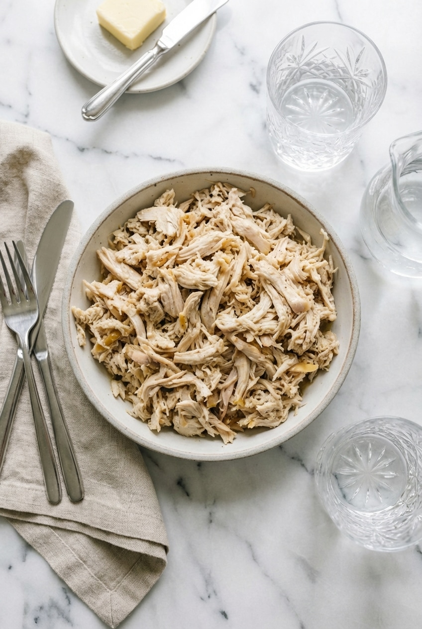 Shredded chicken stored in meal prep containers and freezer bags on a kitchen counter.