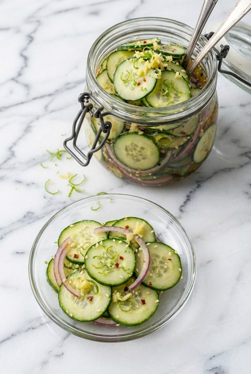 Stacked Mason jars with cucumber salad in a jar ready for meal prep storage in a kitchen.