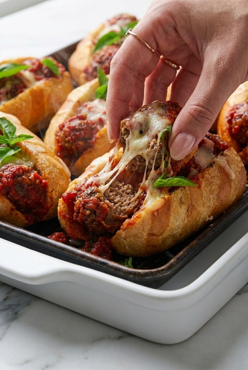 Close-up of a meatball sub with a toasted hoagie roll and bubbling fontina cheese from the broiler.