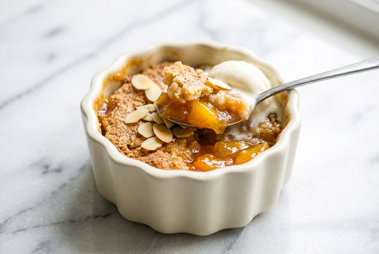 Golden mini peach cobbler in a ramekin with bourbon and almond infused yellow peaches.