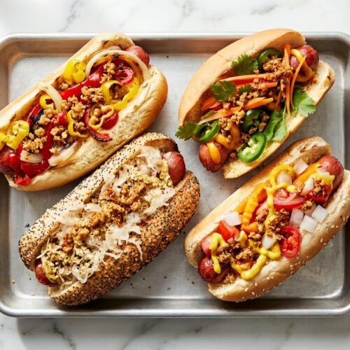 Seared franks with hot dog toppings and a savory miso-butter crust on toasted brioche buns.