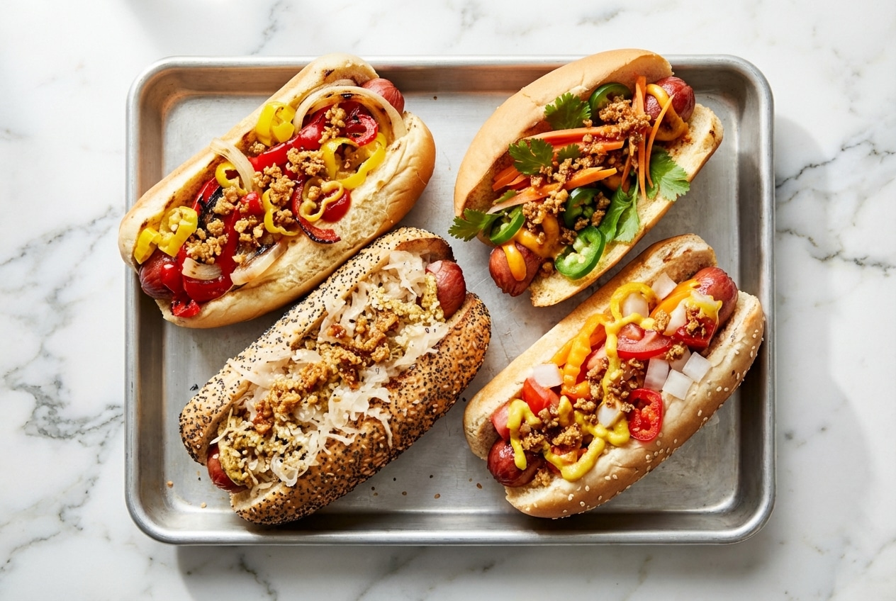 Seared franks with hot dog toppings and a savory miso-butter crust on toasted brioche buns.