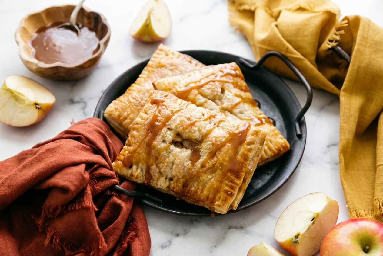 Golden caramel apple puff pastries with cardamom spice and a glossy miso-salted caramel drizzle.